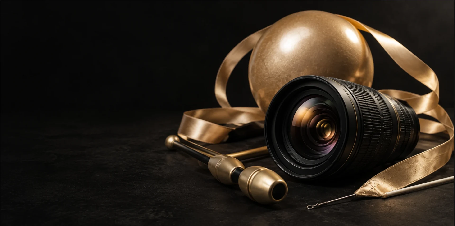 Camera lens, rhythmic gymnastics ball, ribbon and clubs in gold — sports videography in Dubai